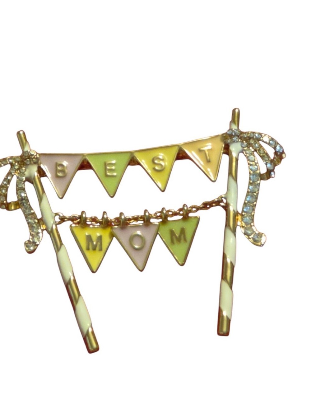 Vintage BEST MOM Pennant Banner Brooch Gold Tone Enamel Mother Pin